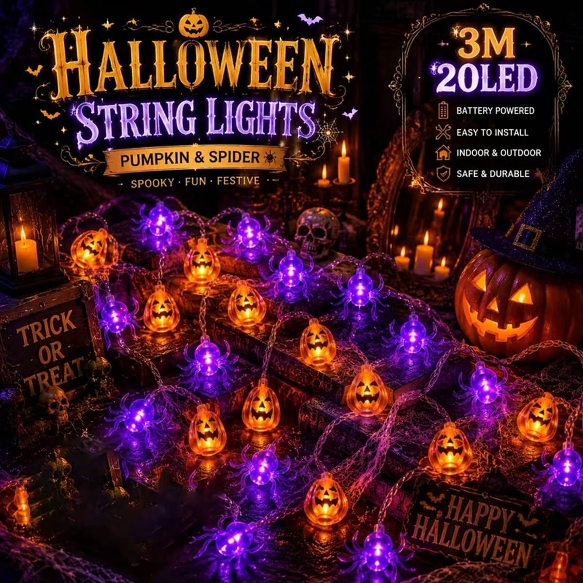 Outdoor Lighting For Front Of House - 1 Guirlande Lumineuse LED Citrouille d'Halloween